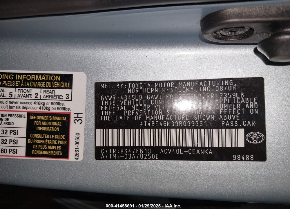 2009 TOYOTA CAMRY LE VIN: 4T4BE46K39R099351