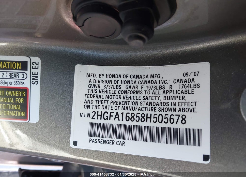2008 HONDA CIVIC VIN: 2HGFA16858H505678