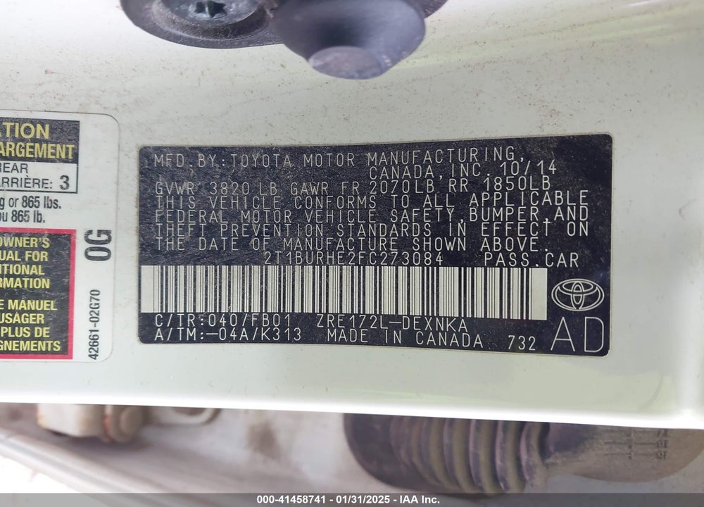 2015 TOYOTA COROLLA VIN: 2T1BURHE2FC273084