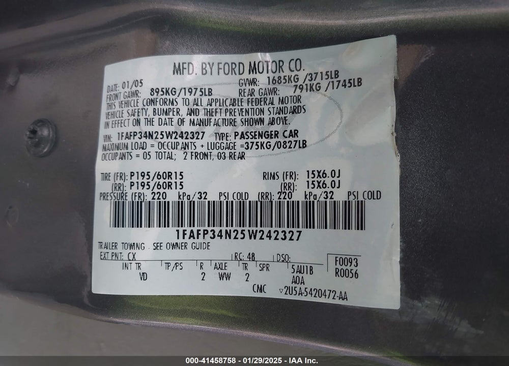 2005 FORD FOCUS ZX4 VIN: 1FAFP34N25W242327