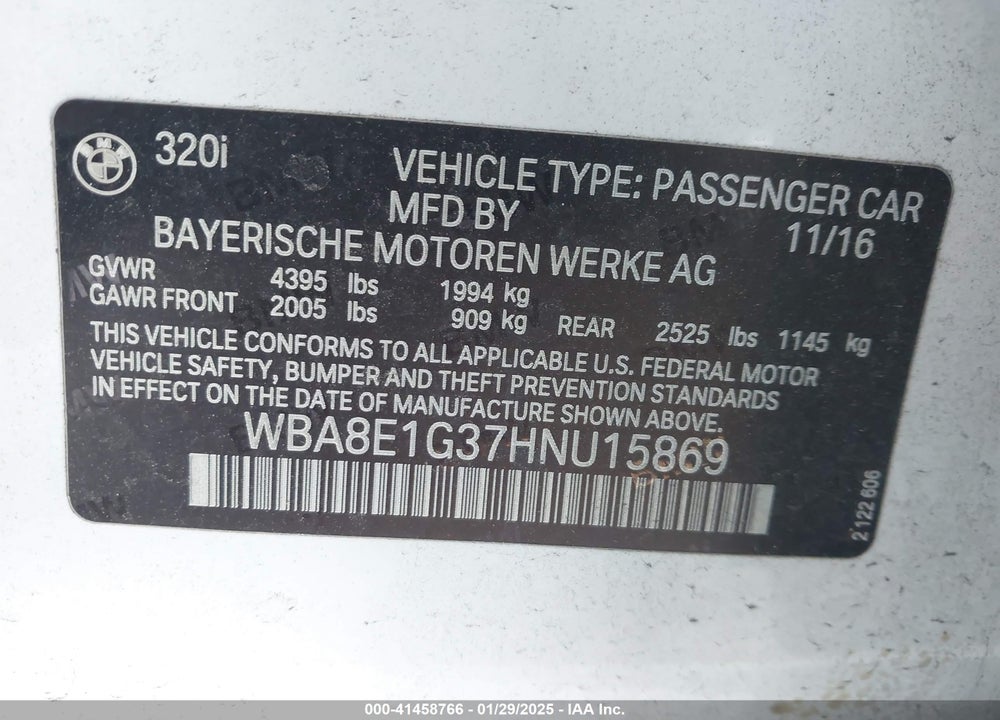 2017 BMW 320I VIN: WBA8E1G37HNU15869