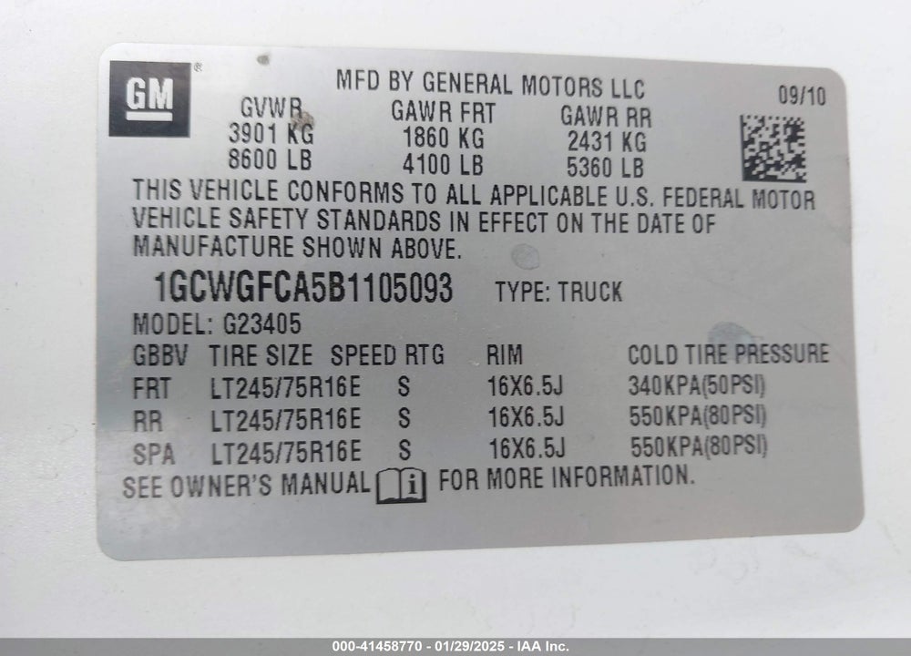 2011 CHEVROLET EXPRESS 2500 WORK VAN VIN: 1GCWGFCA5B1105093