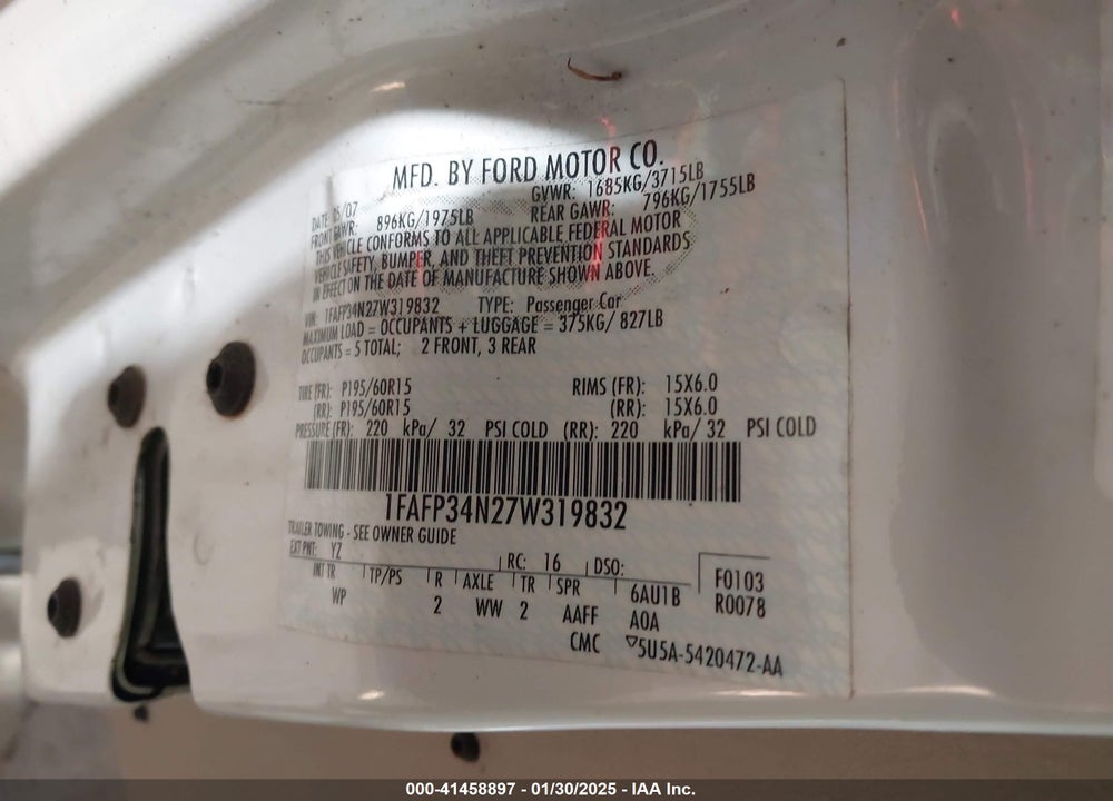 2007 FORD FOCUS S/SE/SES VIN: 1FAFP34N27W319832
