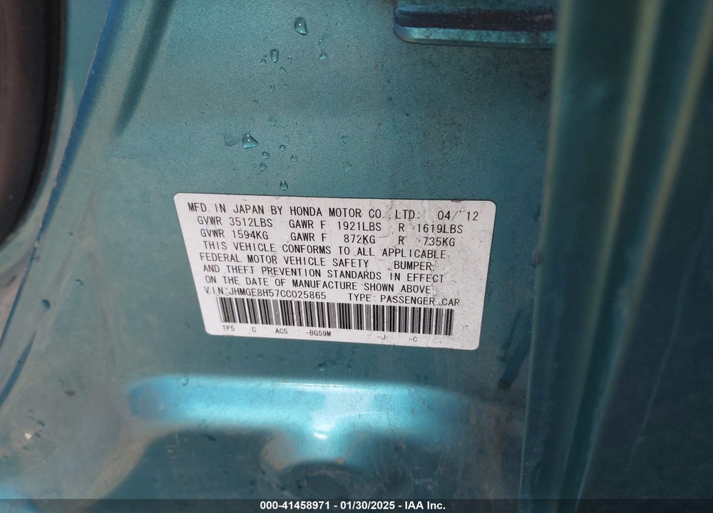 2012 HONDA FIT SPORT VIN: JHMGE8H57CC025865