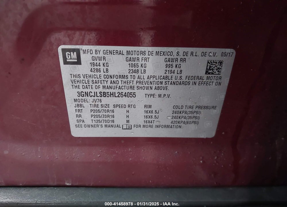 2017 CHEVROLET TRAX VIN: 3GNCJLSB5HL264055