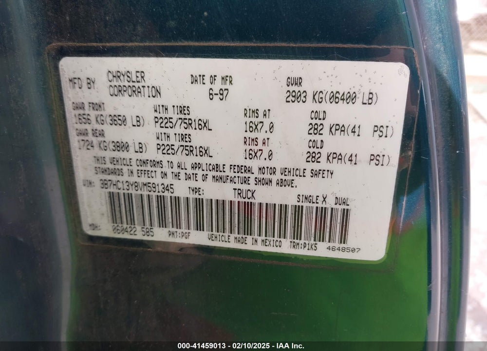 1997 DODGE RAM 1500 ST VIN: 3B7HC13Y8VM591345