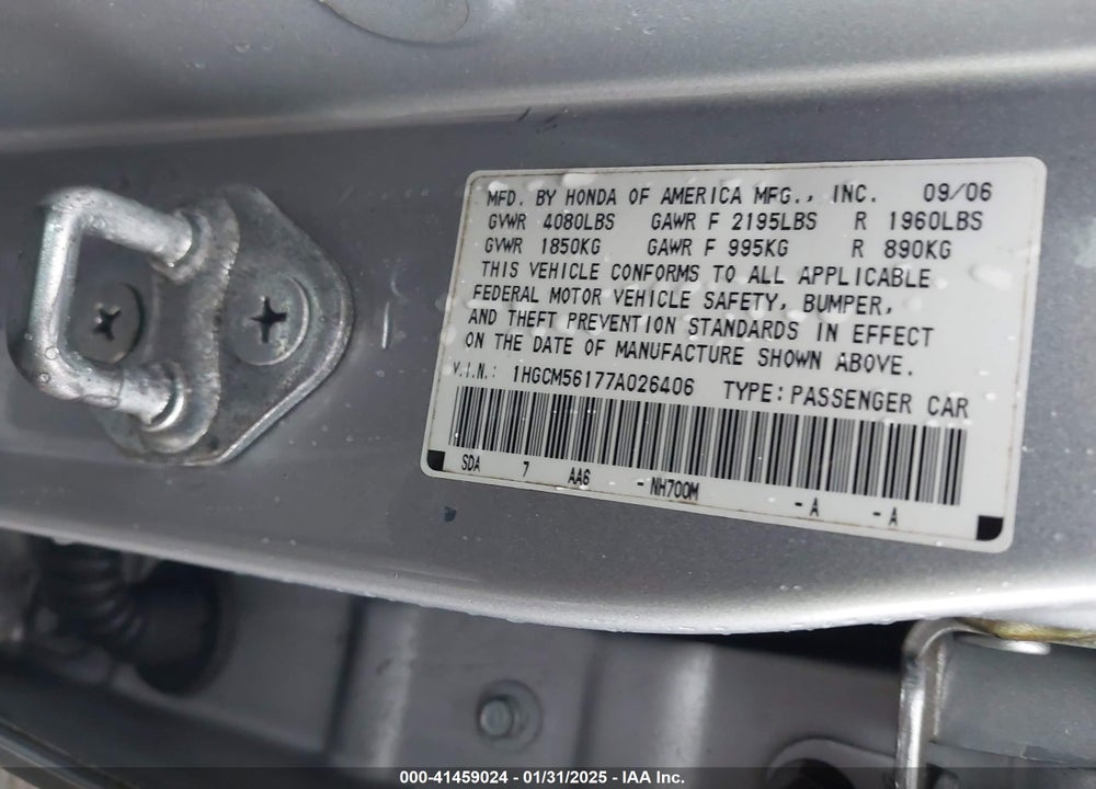 2007 HONDA ACCORD 2.4 VP VIN: 1HGCM56177A026406