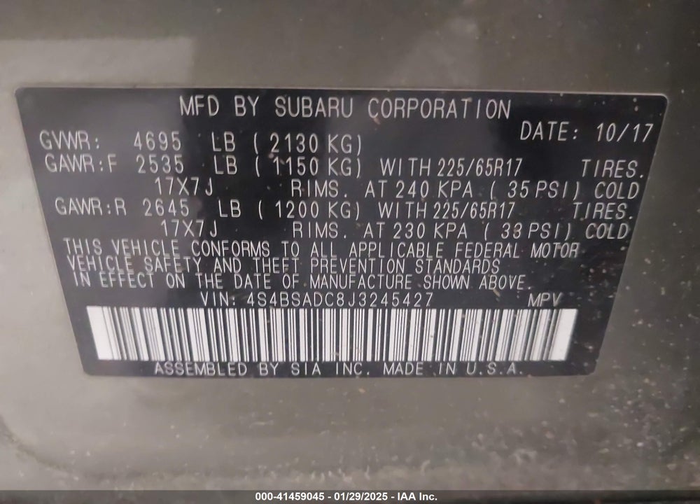 2018 SUBARU OUTBACK 2.5I PREMIUM VIN: 4S4BSADC8J3245427