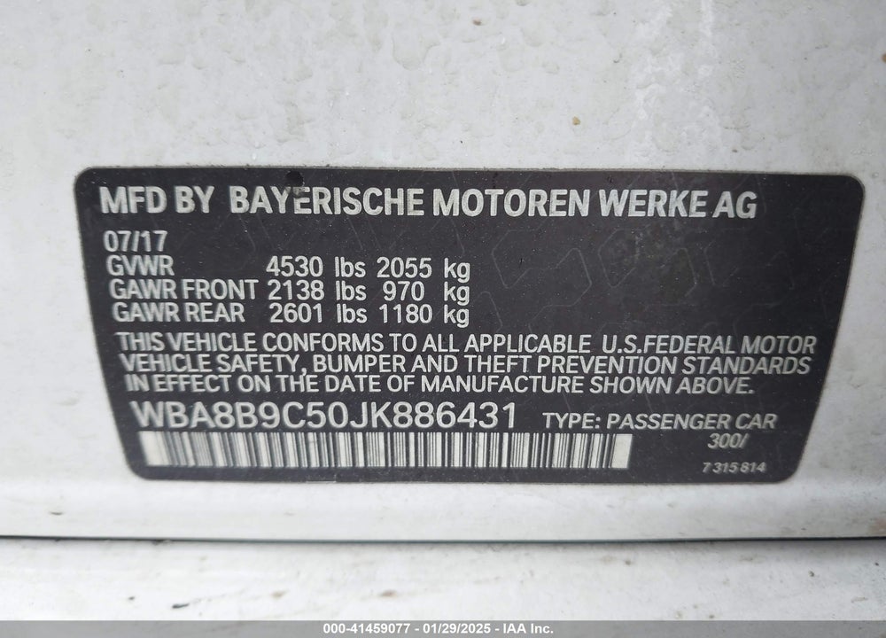 2018 BMW 330I VIN: WBA8B9C50JK886431