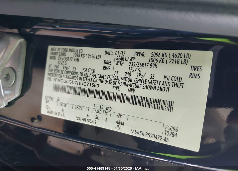 2017 FORD ESCAPE SE VIN: 1FMCU0GD7HUC71583