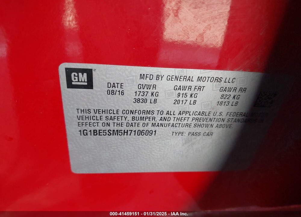 2017 CHEVROLET CRUZE VIN: 1G1BE5SM5H7106091