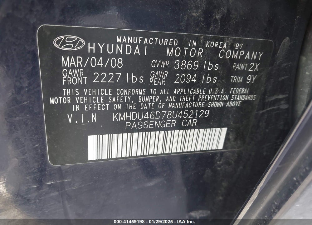 2008 HYUNDAI ELANTRA VIN: KMHDU46D78U452129