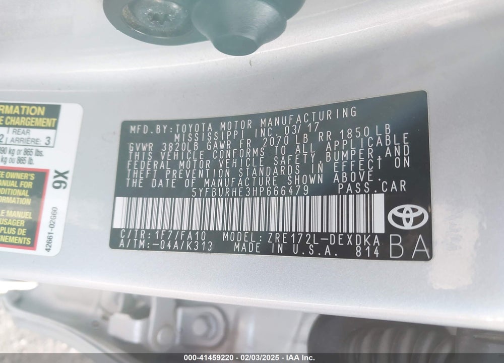 2017 TOYOTA COROLLA L VIN: 5YFBURHE3HP666479