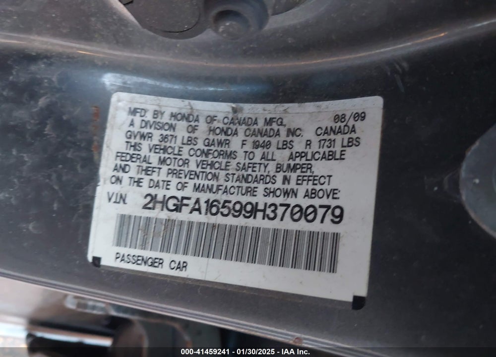 2009 HONDA CIVIC VIN: 2HGFA16599H370079