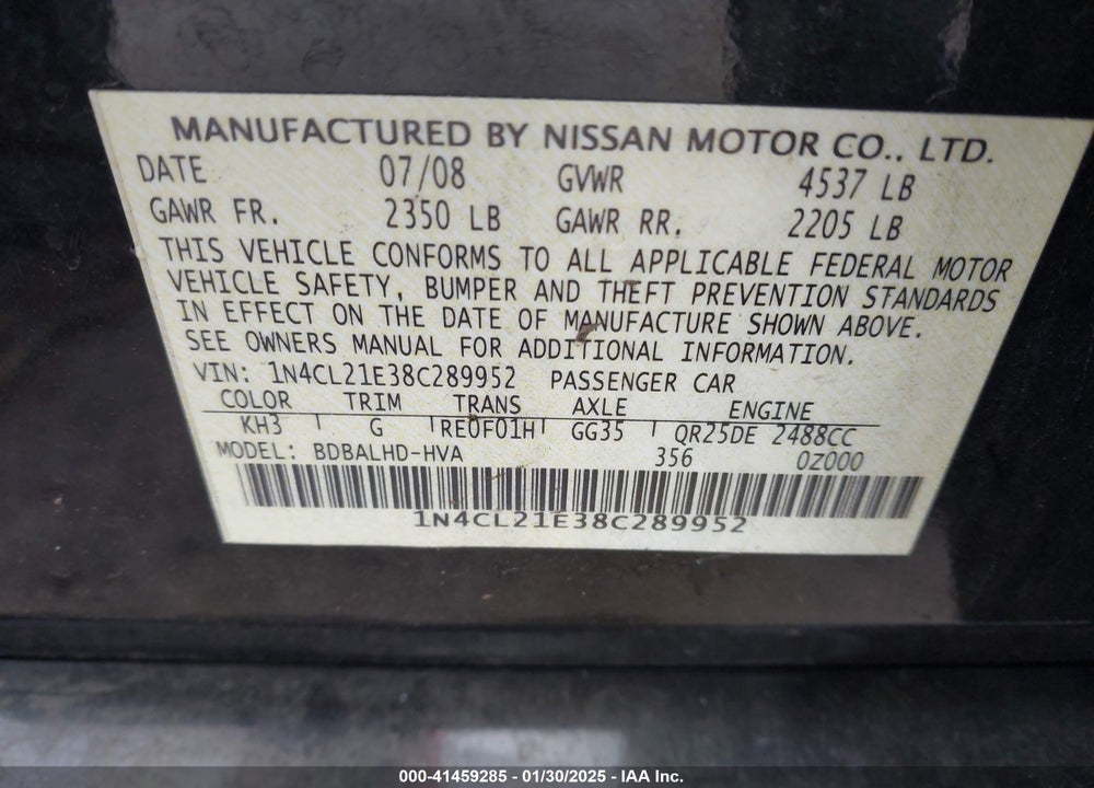 2008 NISSAN ALTIMA HYBRID VIN: 1N4CL21E38C289952