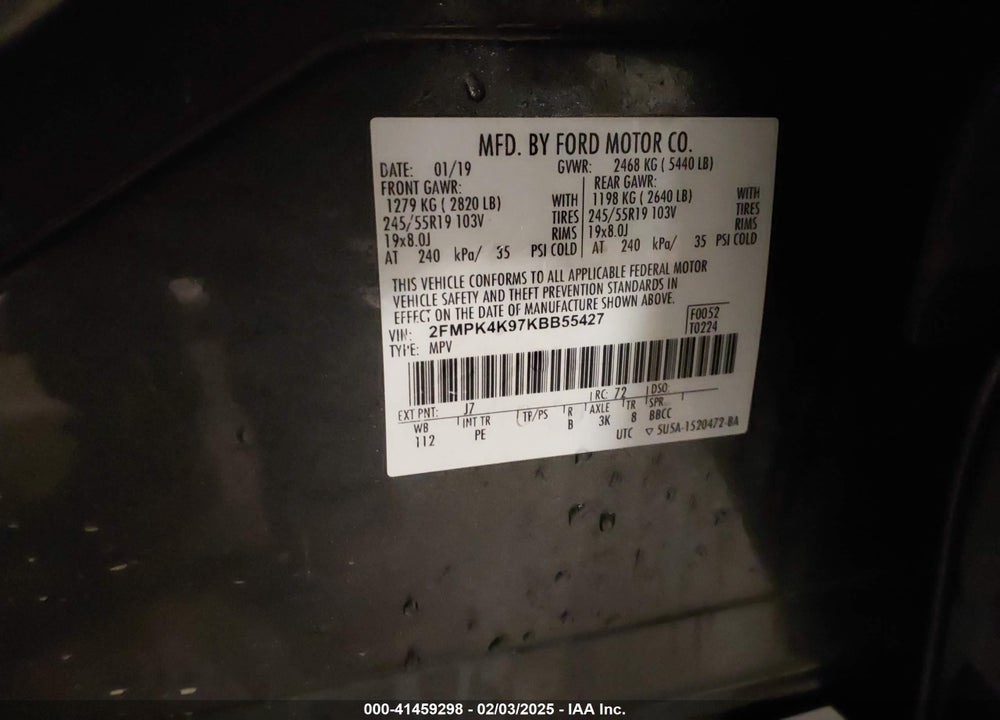 2019 FORD EDGE TITANIUM VIN: 2FMPK4K97KBB55427