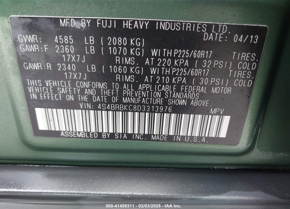2013 SUBARU OUTBACK 2.5I LIMITED VIN: 4S4BRBKC8D3313976