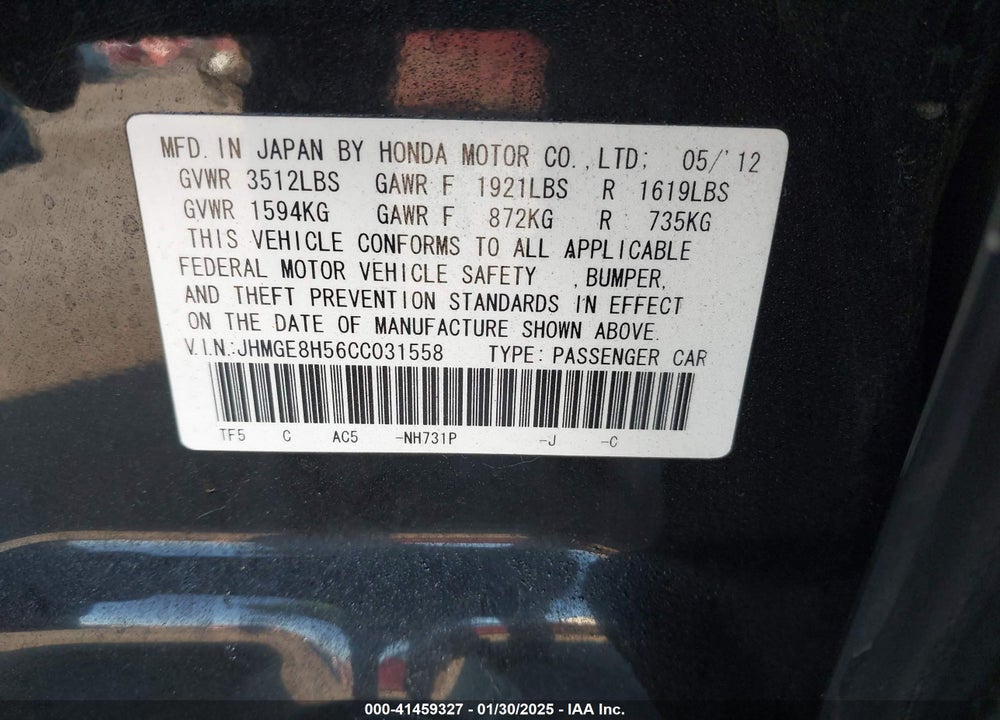 2012 HONDA FIT SPORT VIN: JHMGE8H56CC031558