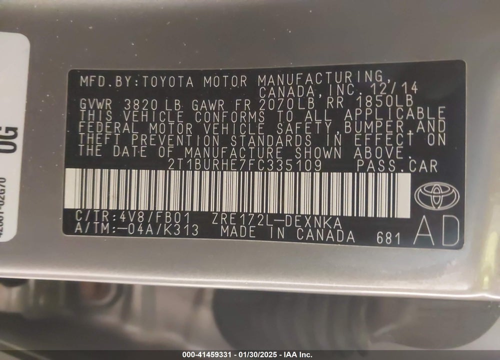 2015 TOYOTA COROLLA LE VIN: 2T1BURHE7FC335109