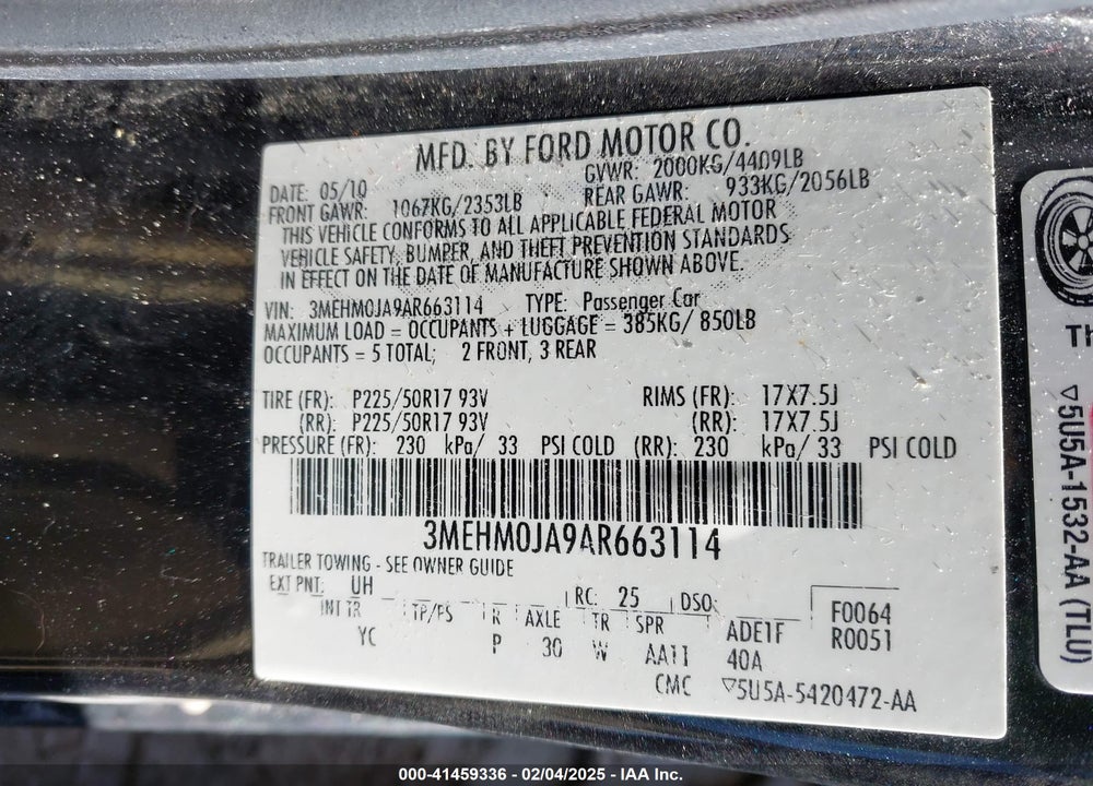 2010 MERCURY MILAN VIN: 3MEHM0JA9AR663114