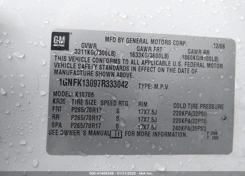 2007 CHEVROLET TAHOE LS VIN: 1GNFK13097R333042