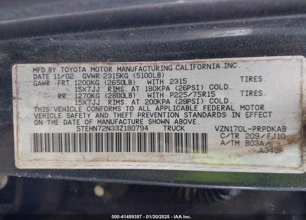 2003 TOYOTA TACOMA VIN: 5TEHN72N33Z180794