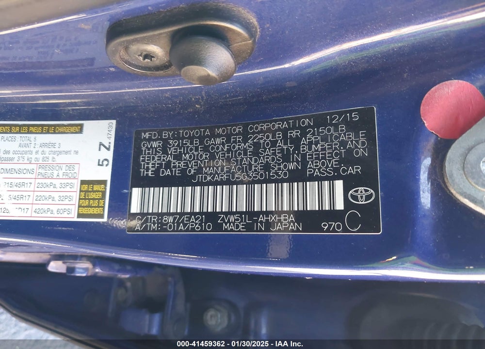 2016 TOYOTA PRIUS THREE TOURING VIN: JTDKARFU5G3501530