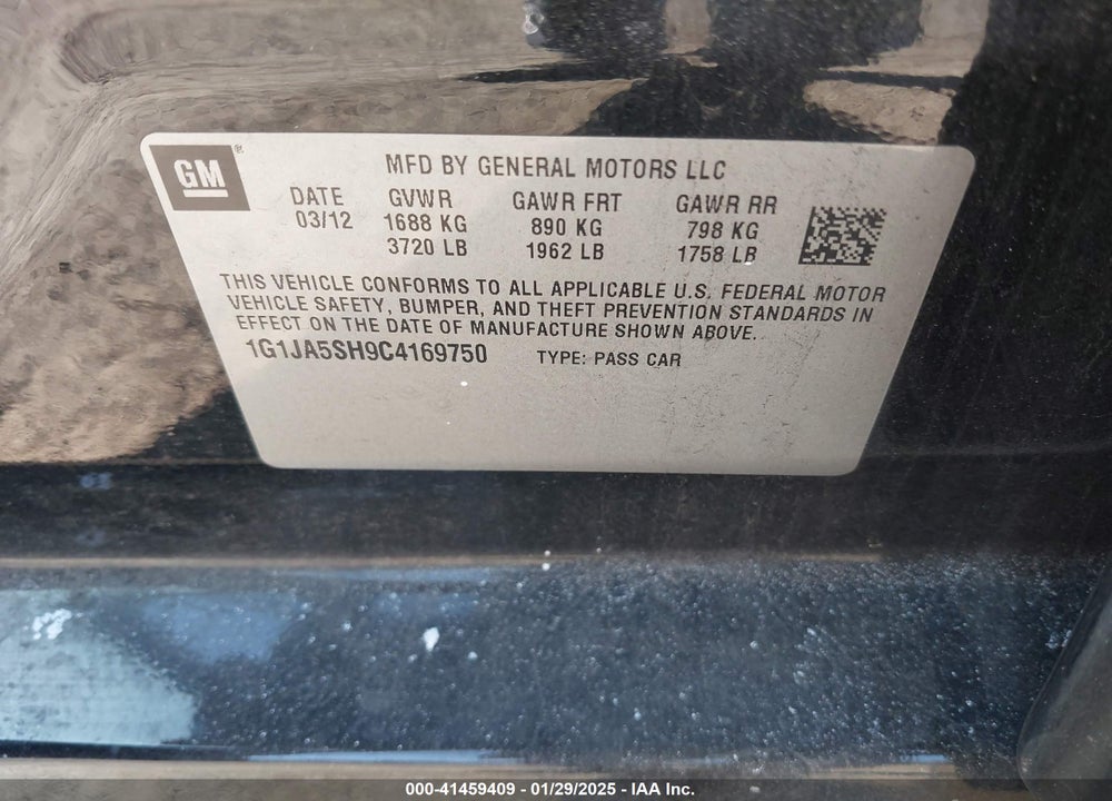2012 CHEVROLET SONIC VIN: 1G1JA5SH9C4169750