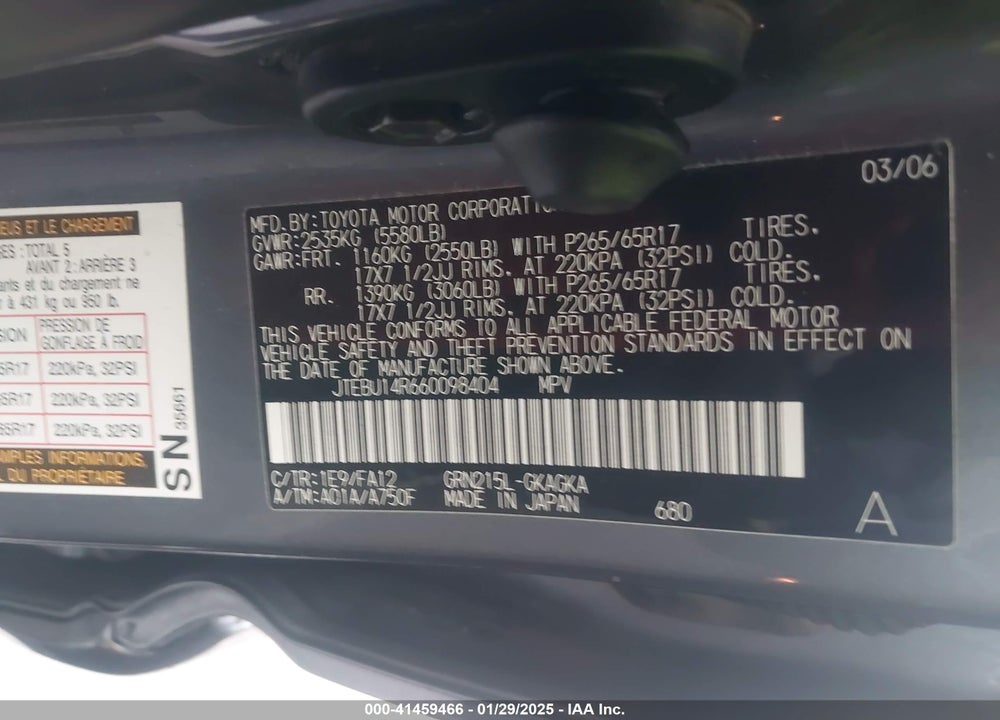 2006 TOYOTA 4RUNNER SR5 V6 VIN: JTEBU14R660098404