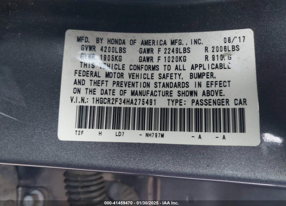 2017 HONDA ACCORD VIN: 1HGCR2F34HA275491