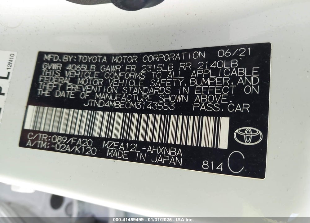 2021 TOYOTA COROLLA VIN: JTND4MBE0M3143553