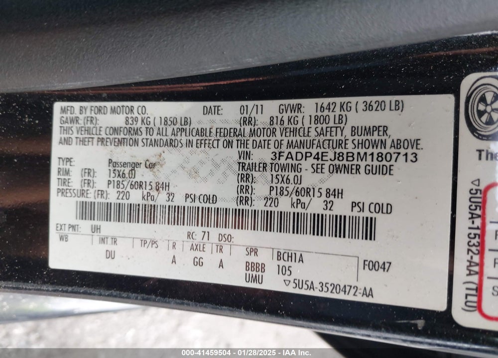 2011 FORD FIESTA SE VIN: 3FADP4EJ8BM180713