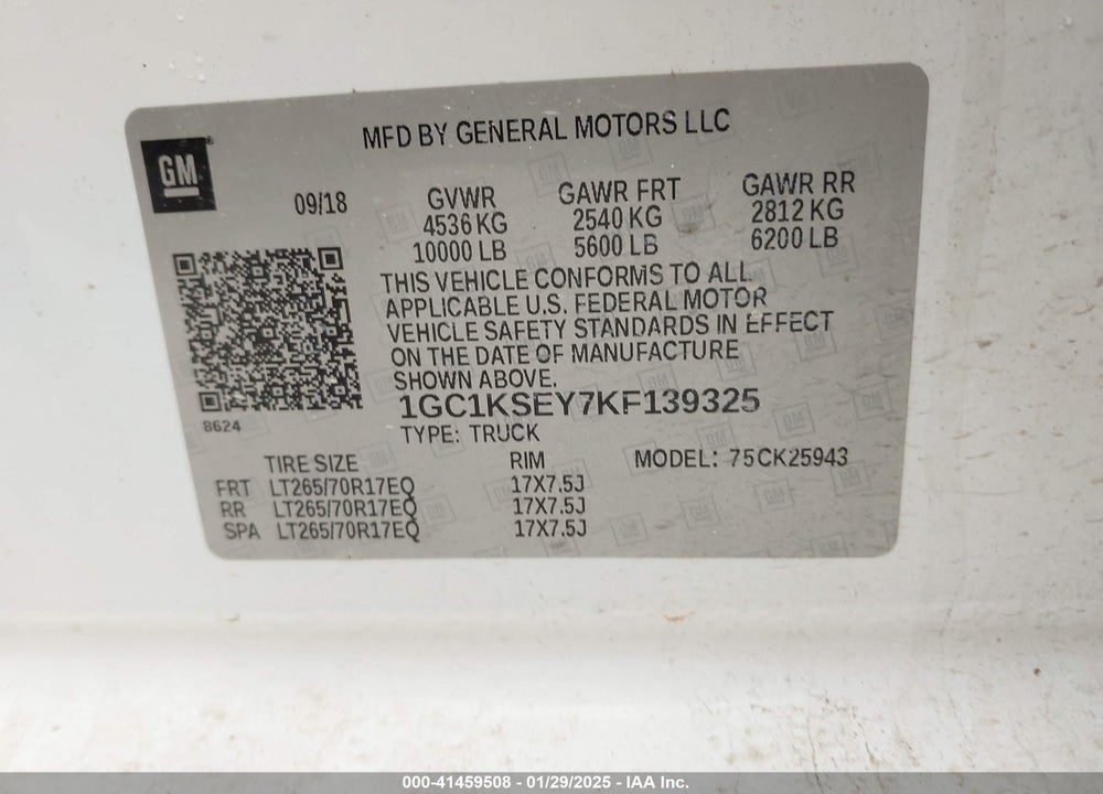 2019 CHEVROLET SILVERADO 2500HD LT VIN: 1GC1KSEY7KF139325