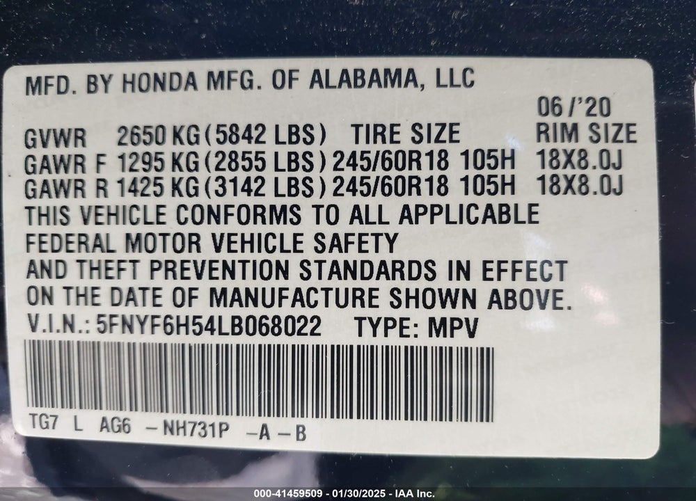 2020 HONDA PILOT AWD EX-L VIN: 5FNYF6H54LB068022