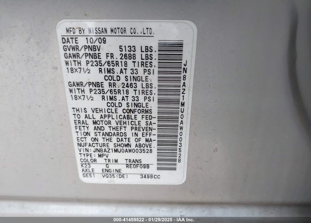 2010 NISSAN MURANO S VIN: JN8AZ1MU0AW003528
