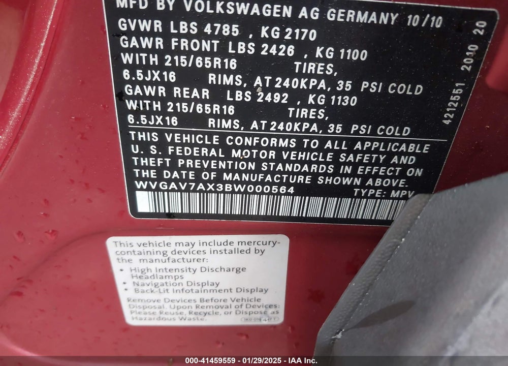2011 VOLKSWAGEN TIGUAN S VIN: WVGAV7AX3BW000564