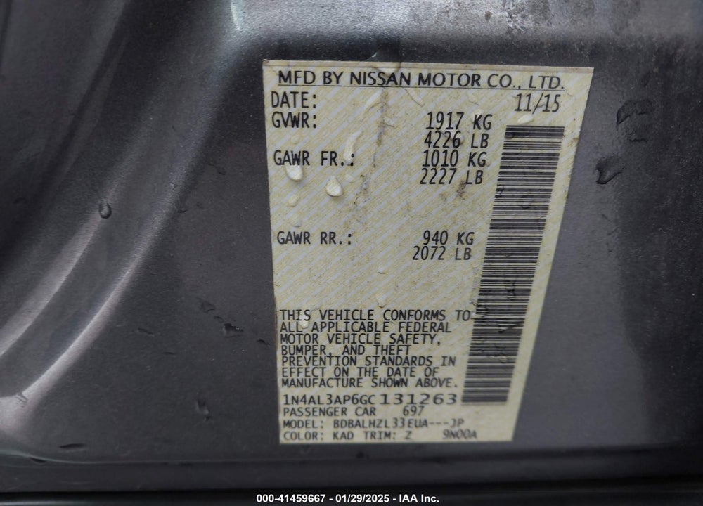2016 NISSAN ALTIMA VIN: 1N4AL3AP6GC131263