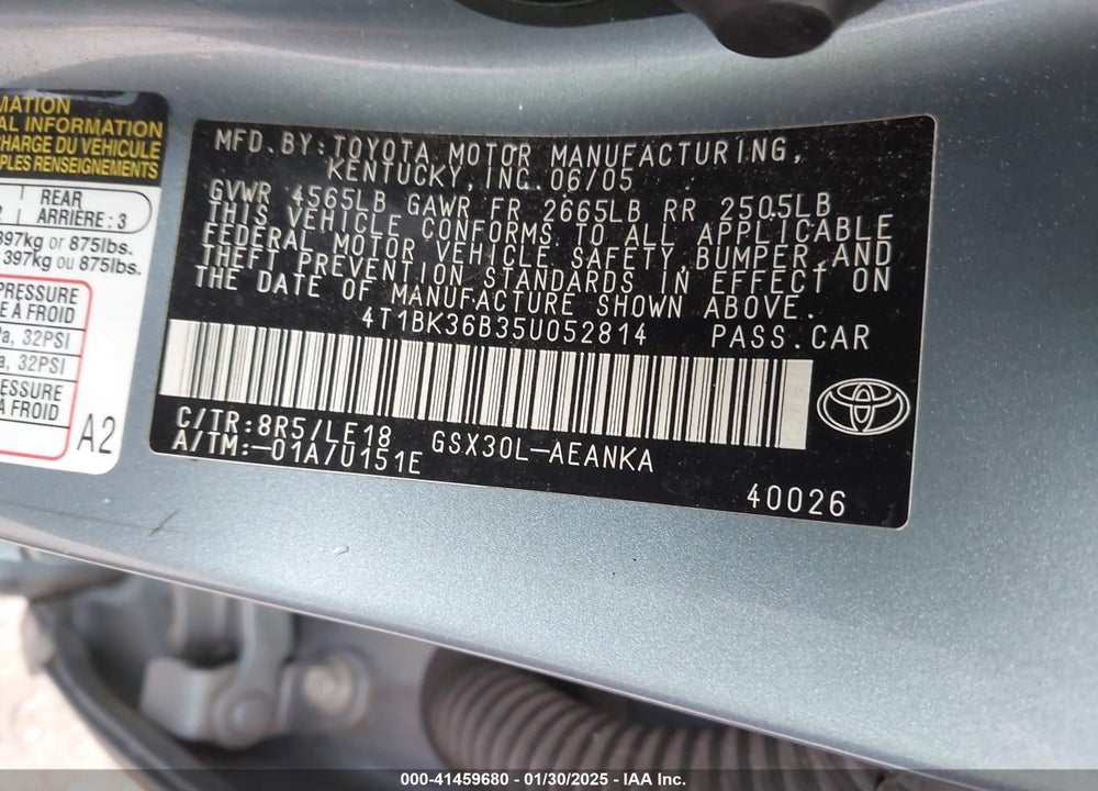 2005 TOYOTA AVALON VIN: 4T1BK36B35U052814