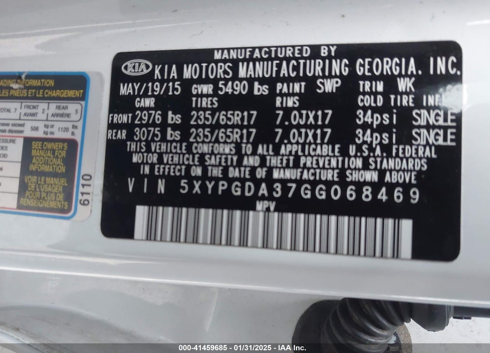 2016 KIA SORENTO 2.4L LX VIN: 5XYPGDA37GG068469