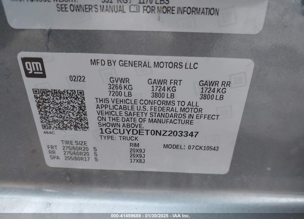 2022 CHEVROLET SILVERADO 1500 LTD VIN: 1GCUYDET0NZ203347