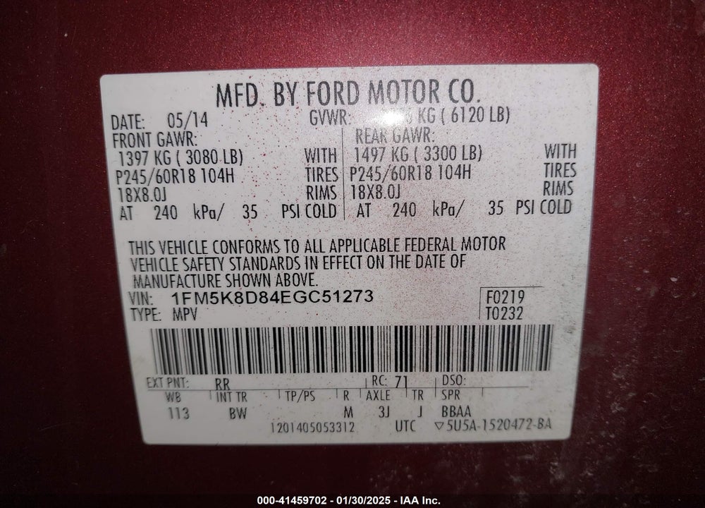 2014 FORD EXPLORER XLT VIN: 1FM5K8D84EGC51273