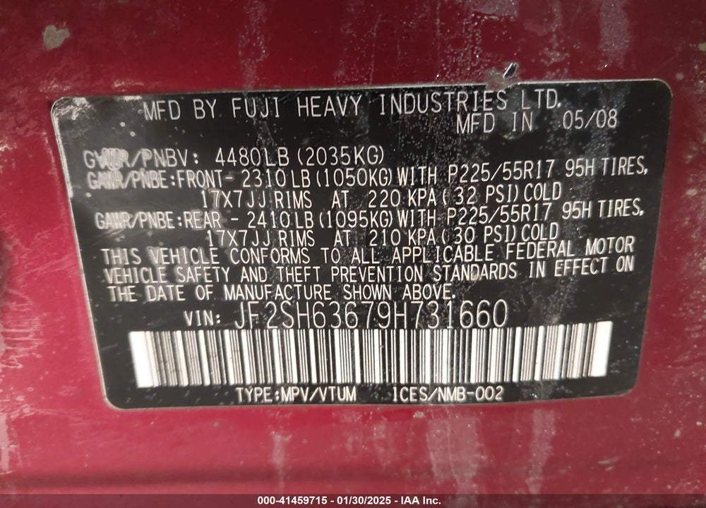 2009 SUBARU FORESTER 2.5X VIN: JF2SH63679H731660