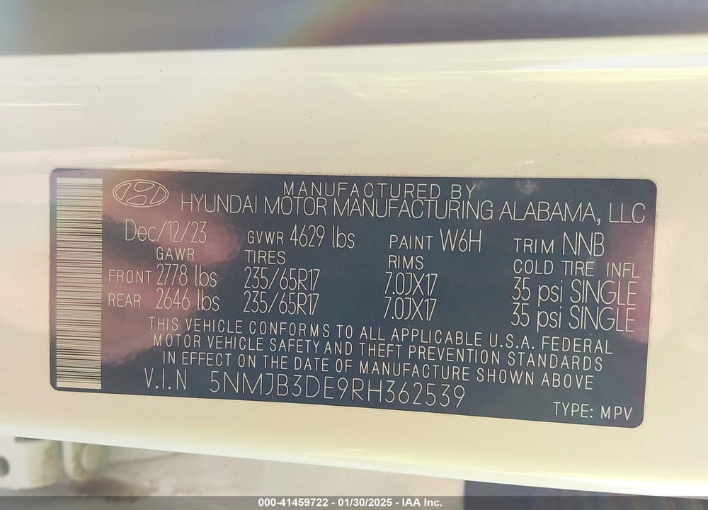 2024 HYUNDAI TUCSON SEL VIN: 5NMJB3DE9RH362539
