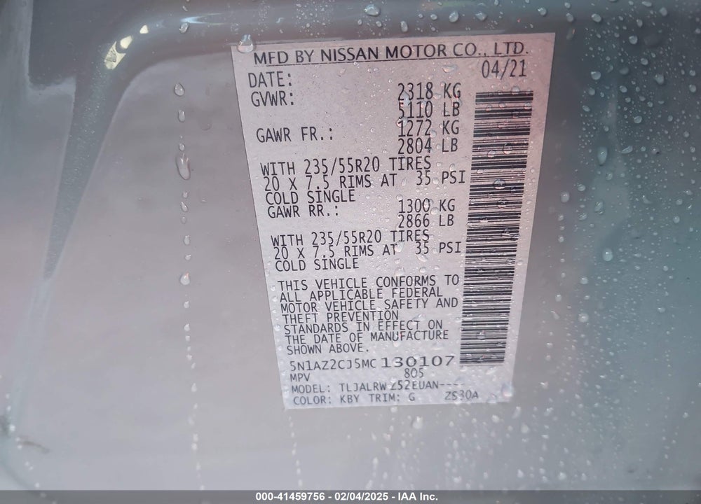 2021 NISSAN MURANO VIN: 5N1AZ2CJ5MC130107