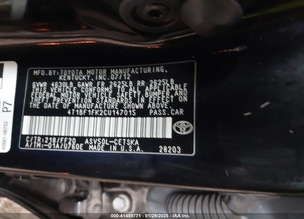 2012 TOYOTA CAMRY VIN: 4T1BF1FK2CU147015