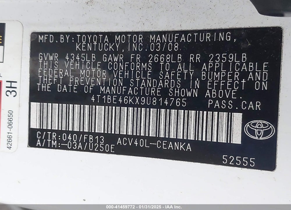 2009 TOYOTA CAMRY LE VIN: 4T1BE46KX9U814765