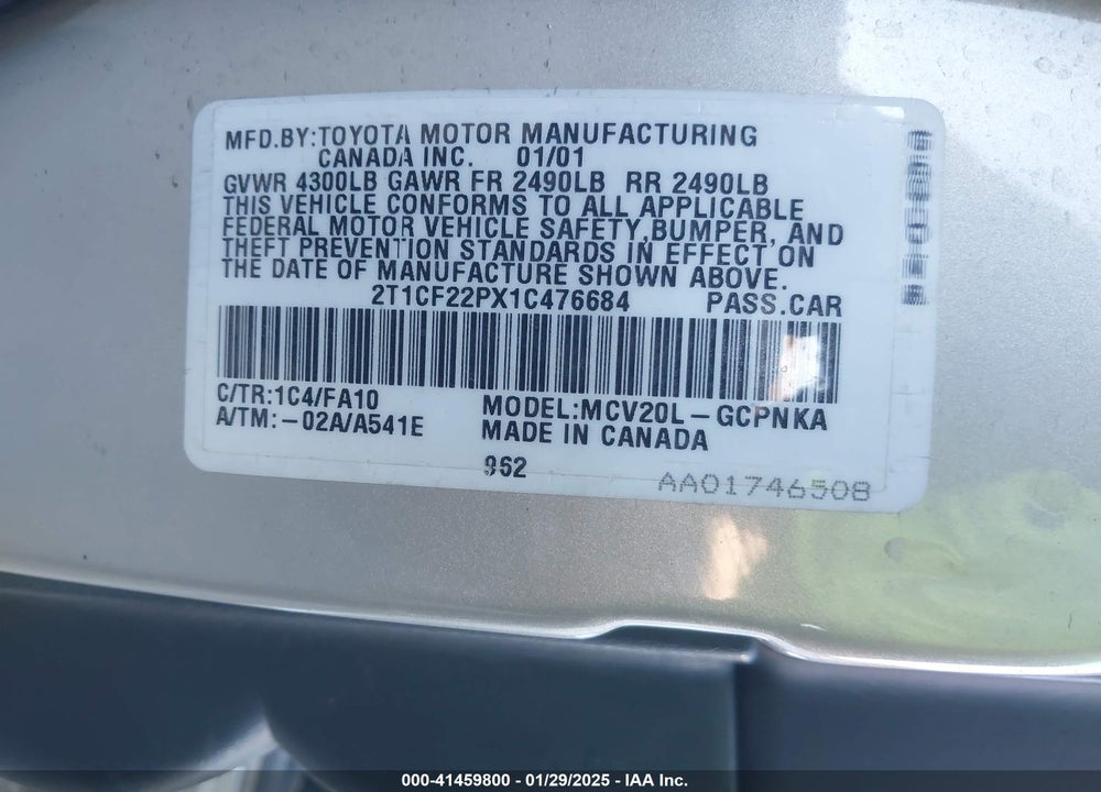 2001 TOYOTA CAMRY SOLARA SE V6 VIN: 2T1CF22PX1C476684