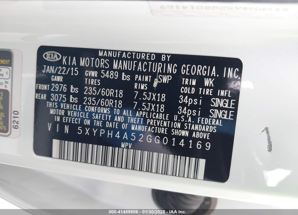 2016 KIA SORENTO VIN: 5XYPH4A52GG014169