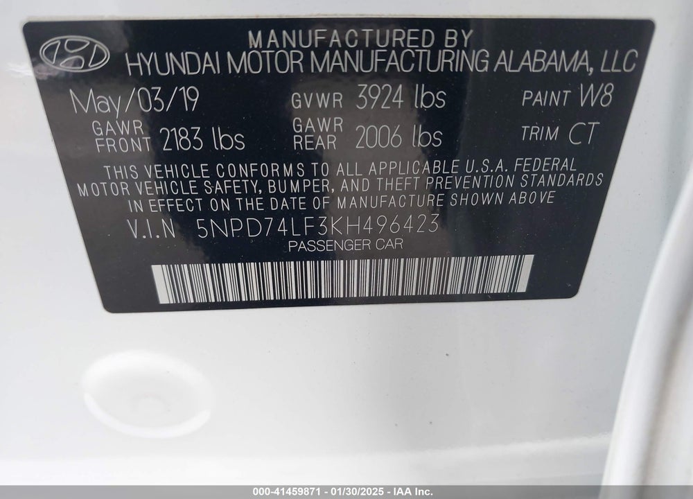 2019 HYUNDAI ELANTRA VIN: 5NPD74LF3KH496423