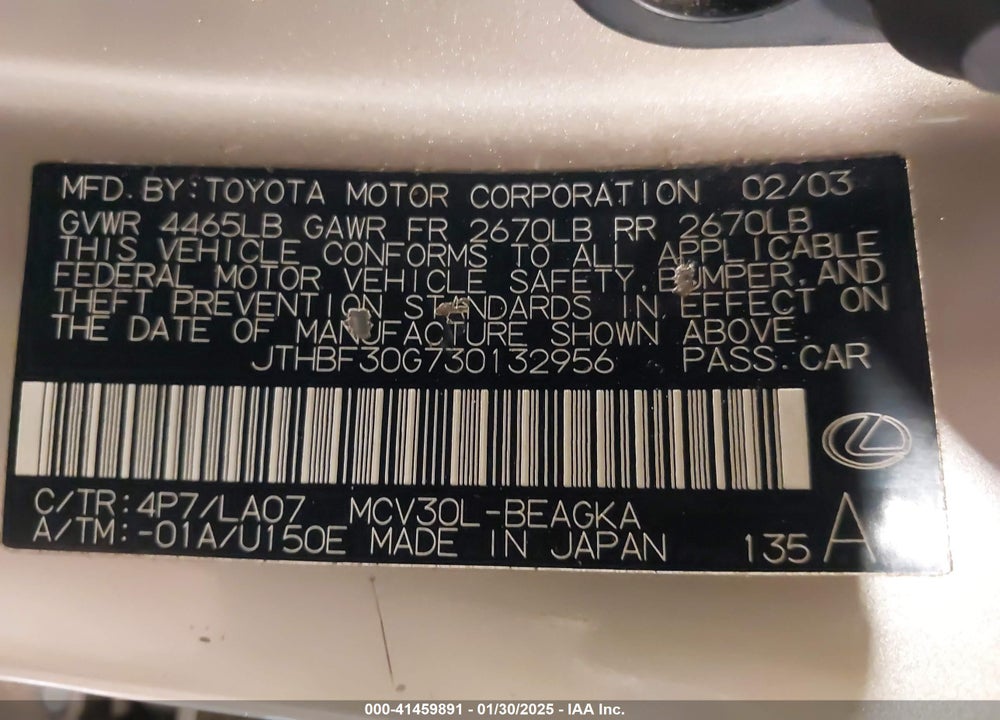 2003 LEXUS ES 300 VIN: JTHBF30G730132956